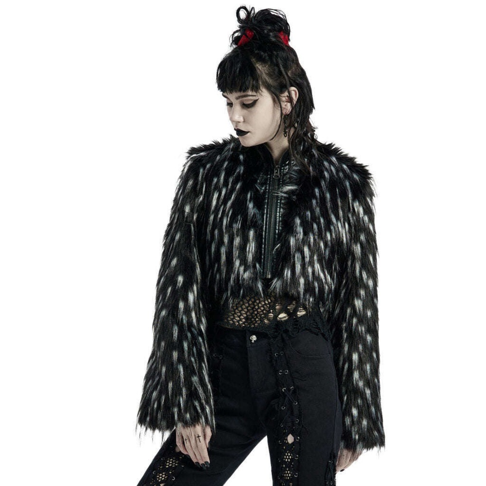 Punk Rave Gothic Black White Cropped Fur Jacket - Picture 2 of 15